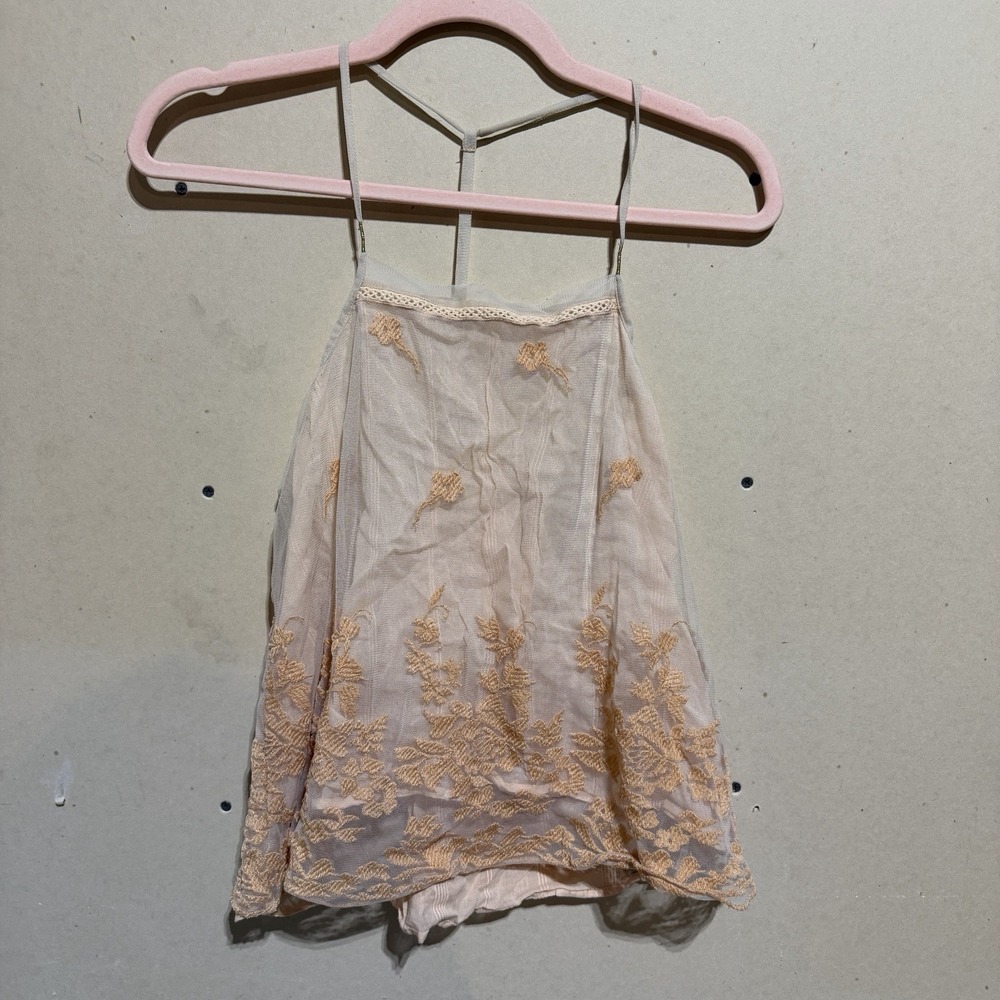 E by Eloise for Anthropologie Embroidered Mesh Cami Top Peach Size S
